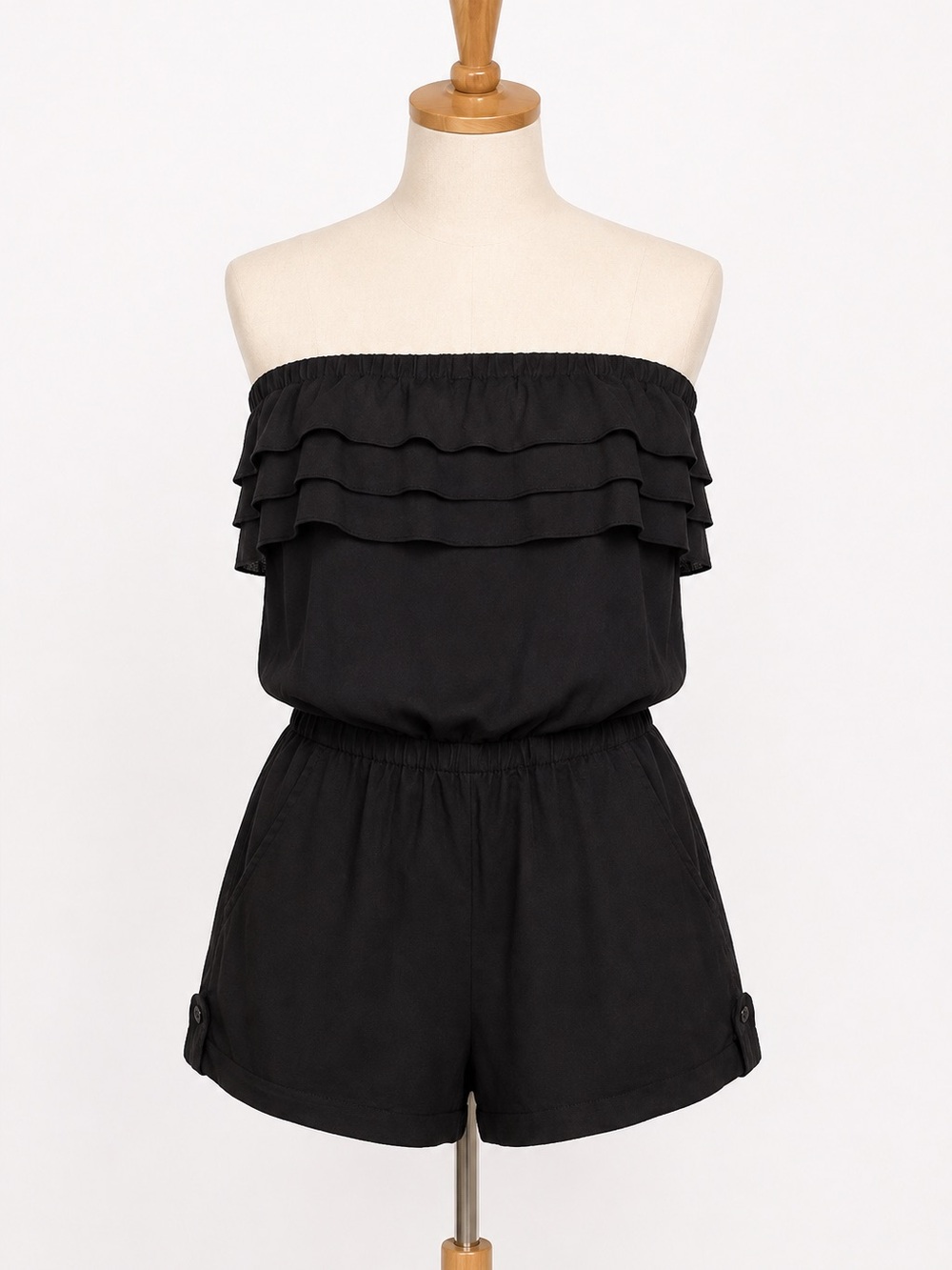 Vintage Arden B Black Strapless Ruffle Romper Size Medium